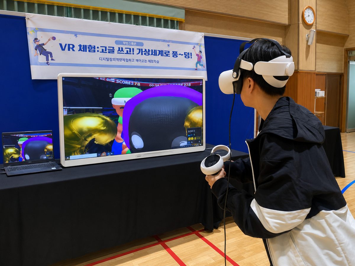 학생이 VR 헤드셋을 쓰고 체험하는 부스